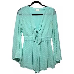 Altar'd State Romper Medium Tie Front Bell Sleeve Mint Green‎ Dotted Sheer